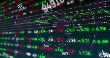 Borsada tarama ve veri işleme görüntüsü. küresel bağlantılar, hesaplama ve dijital arayüz konsepti dijital olarak oluşturulmuş resim.