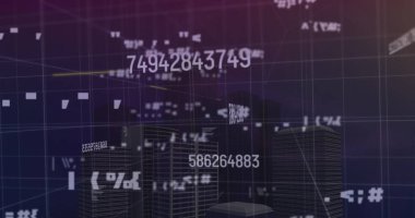 Veri işleme görüntüsü ve mavi arka planda şehir. küresel iş, finans, bağlantılar ve dijital arayüz konsepti dijital olarak oluşturulmuş görüntü.