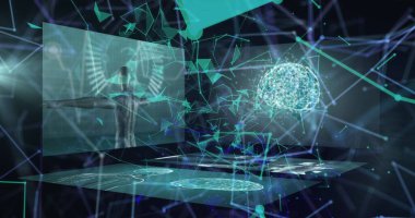 Siyah arkaplan üzerinde bağlantı ve veri işleme ağının resmi. Küresel bağlantılar, veri işleme ve dijital arayüz konsepti dijital olarak oluşturulmuş resim.