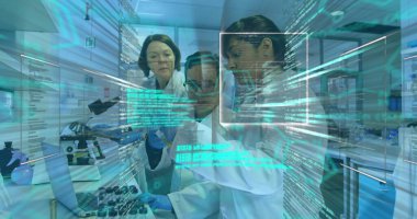 Çeşitli kadın ve erkek laboratuvar çalışanları üzerinde bilimsel veri işleme görüntüsü. sağlık, tıp, bilim ve teknoloji konsepti dijital olarak oluşturulmuş görüntü.