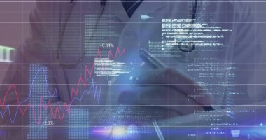 Kafkas erkek doktor yazıları üzerinden finansal verilerin görüntüsü. finans, ekonomi, tıp, sağlık ve teknoloji konsepti dijital olarak oluşturulmuş görüntü.