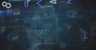 Karanlık arka planda güvenlik kilidi ile dijital arayüz görüntüsü. küresel bağlantılar, veri işleme ve dijital arayüz konsepti dijital olarak oluşturulmuş resim.