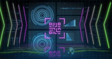 Image of qr code over scope scanning and data processing on black background. global technology, computing and digital interface concept digitally generated image.