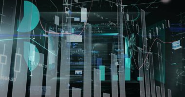 Siyah arka planda finansal veri işleme resmi. küresel finansmanlar, veri işleme ve dijital arayüz kavramı dijital olarak oluşturulmuş görüntü.