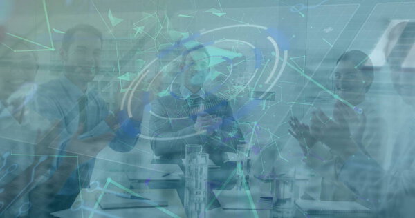 Image of network of connections, data processing and scope scanning over diverse business people. global business, computing and digital interface concept digitally generated image.