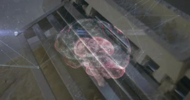 Kaba zeminin üzerinde yüzen yarı saydam üç boyutlu holografik beyin ağ düğümlerini ve metal merdivenleri gösteriyor. Teknoloji, yenilik, bilim, fütürizm, veri, dijital, yapay zeka