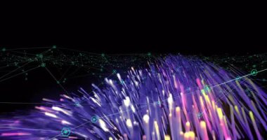 Parlayan 3D veri iplikleri izleyiciye dokuyor, neon ağ düğümlerini sanal 3D görüntüleme ile birleştiriyor. Neon, siber uzay, fütüristik, teknoloji, dijital, soyut, ağ