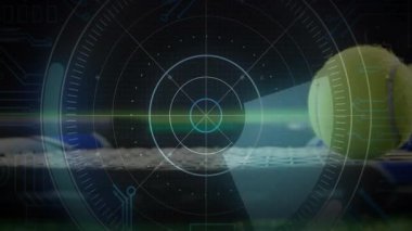 Neon-yeşil tenis topu raket telleri üzerinde dinleniyor, devre ızgaralı fütüristik HUD gösteriyor. Futuristik, teknoloji, dijital, spor, modern, yüksek teknoloji, arayüz