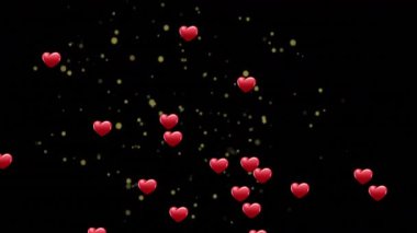 Siyah arka planda yüzen parlak kırmızı kalpler, parıldayan altın renkli sahte ışıklar. Romantik, kutlama, zarafet, şenlik, lüks, cazibe, dijital sanat