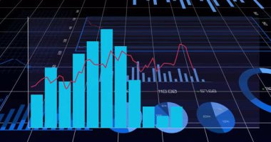 3D veri gösterge paneli dalgalanan cyan bar grafiği ile karanlık şebeke üzerinde kırmızı eğilim çizgisi sunuyor. Analizler, görselleştirme, bilgi grafikleri, veri, proje, teknoloji, yenilik