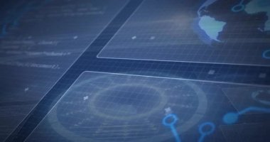 Merkezi saydam UI paneli düz dizaynlı dairesel radar gösteriyor, mavi ızgara üzerinde parlayan düğümler. Teknoloji, veri görselleştirme, gelecek, arayüz, siber güvenlik, analitik, dijital