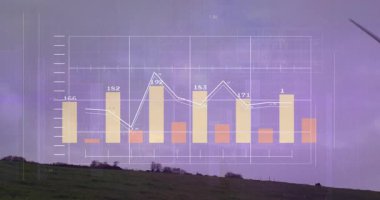 Rüzgar türbini yeşil yamaçta görselleştiriliyor bar çizelgeleri, çizgi grafikleri, dalga biçimi grafikleri. Yenilenebilir, sürdürülebilirlik, teknoloji, yenilik, çevre, veri, görselleştirme