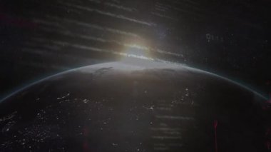 Dünya gezegeni kozmik boşlukta 3 boyutlu bir şekilde sürükleniyor. Güneş ışınlarını ve dijital kodları gösteriyor. Astronomi, dış uzay, dijital ağ, fütüristik, gezegen topolojisi, keşif, teknolojik