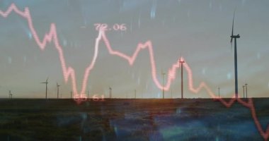 Gün batımında çimenli ovalarda dönen rüzgar türbinleri yarı saydam kırmızı çizgi grafik verileri gösteriyor. Yenilenebilir enerji, manzara, bilgi, teknoloji, sürdürülebilirlik, çevre