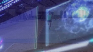 Erkek sporcu, holografik fitness grafikleriyle spor sahasında diz üstü zıplamalar yapıyor. Fitness, teknoloji, yenilik, eğitim, veri görselleştirme, spor, performans