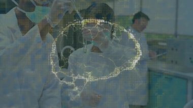 Bilim laboratuarında holografik beyin örtüsü oluşturan yeşil sıvı üreten bilim insanları. Araştırma, yenilik, teknoloji, görselleştirme, takım çalışması, analiz, eğitim