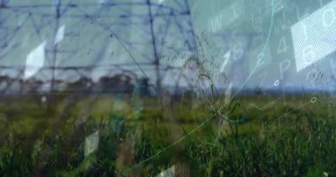 Kırsal alanda oluşturulan kule, düz tasarım küresel grafiklerle dijital veri örtüşüyor. Enerji, altyapı, teknoloji, bağlantı, kırsal, yenilik, sürdürülebilirlik