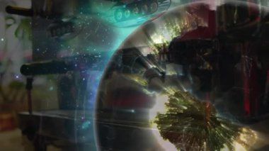 Erkek sürücü, otomotiv kokpitinin içinde holografik dünya etrafında dönen ağ hatlarını analiz ediyor. Fütürist, teknoloji, dijital, yenilik, iç mekan, gösterge paneli, veri