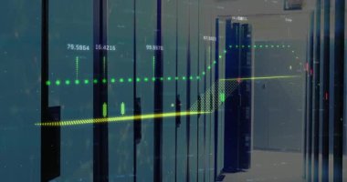 Holografik finans dalgası sunucu koridorunda gösteriliyor, şamdan çubukları ve etiketleri gösteriliyor. Teknoloji, yenilik, veri, siber güvenlik, fütüristik, dijital, analitik
