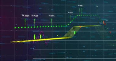 Finansal tablolarda koyu renk şebekede turuncu ve yeşil şamdanlı mor ve mavi çizgiler var. Teknoloji, analitik, finans, veri görselleştirme, dijital arayüz, yenilik, iş
