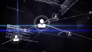 Düz tasarım kullanıcı simgeleri ağ boyunca ikili kod yayınlayarak yüzüyor. Teknoloji, siber güvenlik, veri, dijital, bağlantı, fütüristik, soyut