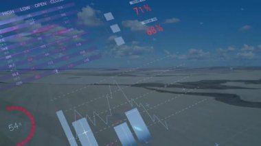 HUD tarzı grafikler ve dünya haritasıyla kırsal alanlarda gösterilen pasta grafiği. Veri görselleştirme, kırsal manzara, bilgi tasarımı, tarımsal analitik, dijital arayüz, hava görüntüleme, coğrafi haritalama