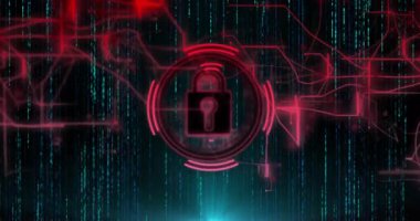 Sanal veri boşluğunda yüzen neon asma kilit simgesi. Kod akışları arasında eşmerkezli halkalar sallanıyor. Fütürist, siber güvenlik, dijital, teknoloji, soyut, güvenli, yenilik