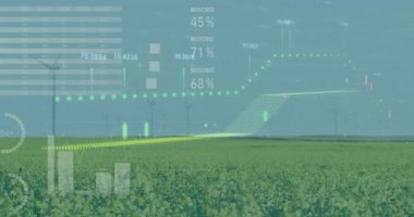Rüzgar türbinleri, turta grafikleri ve çubuk grafikleri gösterilirken enerji verileri üreterek ufuk çizgisini çiziyor. Sürdürülebilirlik, yenilenebilir enerji, veri analizleri, çevre, teknoloji, sanayi, yenilik