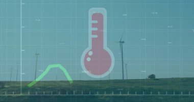 Kırmızı termometre ikonu ve mavi ızgara kaplamalı yükselen sıcaklık grafiğini içeren rüzgar çiftliği sahnesi. Yenilenebilir, sürdürülebilirlik, çevre, teknoloji, enerji, çevre dostu, yenilikçi