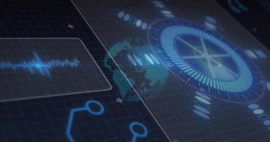 Holografik dairesel gösterge ızgaranın üzerinde dönüyor, dönen dünyayı ve dalga şeklindeki verileri gösteriyor. Fütüristik, görselleştirme, dijital, teknoloji, arayüz, siber, yenilik