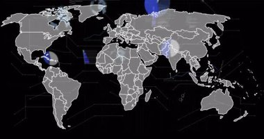 Altıgen kümeleri ve çizgileri olan çizgili ızgaradaki veri örtüleriyle sadeleştirilmiş dünya haritası canlandırması. Geometrik, fütüristik, görselleştirme, analitik, teknoloji, soyut, ağ