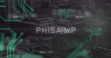 Şehir manzarasının üzerinde yüzen parlak PHISHING metni neon yeşil devreler ve ikili kod gösteriyor. Siber güvenlik, teknoloji, dijital, kentsel, fütüristik, yenilik, ağ