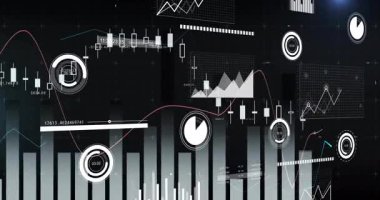 Düz tasarım finans panelinde dönen merkezi pasta grafiği simgesi çubukları ve trend çizgilerini gösterir. Finansal, analitik, dijital, veri görselleştirme, arayüz, deniz, modern