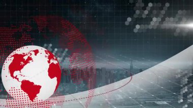 Beyaz küre, kırmızı kıta noktaları ve yüzen altıgen verilerini gösteren karanlık şebeke düzlemi üzerinde dönüyor. Teknoloji, veri görselleştirme, fütüristik, dijital ağ, siber uzay, küresel bağlantı, bilgi