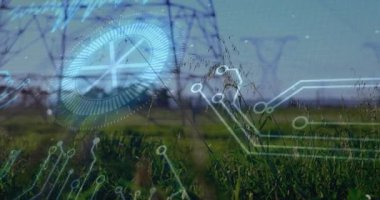 3 boyutlu yüksek voltajlı iletim kulesi, güç hatlarını gösteriyor, devre kaplamalı. Sanayi, altyapı, teknoloji, sürdürülebilir, yenilik, enerji, dijital