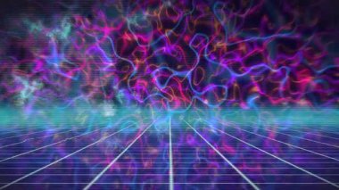 Neon ızgara zemin ufka doğru çekiliyor, enerji dalgaları siberpunk arızası üzerinden akıyor. Neon, dijital, siber, fütüristik, soyut, canlı, arıza