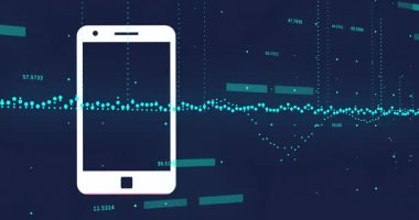 Donanma arkaplanındaki deniz mavisi veri noktaları ve numaralarıyla akıllı telefon silueti gösteriliyor. Teknoloji, yenilik, veri, analitik, dijital, fütürist, arayüz