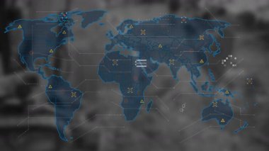 Bulanık arka planda yüzen dijital dünya haritası altıgen ızgaraları ve veri işaretlerini gösteriyor. Coğrafya, veri, teknoloji, bilgi, analitik, ağ, bağlantı