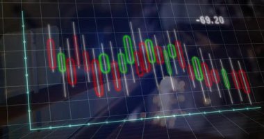 Finansal şamdan çizelgesi bulanık masanın üzerinde yüzüyor, yeşil eksen düğümlerini ve -17.50 etiketini gösteriyor. Pazar analizi, yatırım, finans teknolojisi, veri görselleştirme, ticaret, iş stratejisi, dijital ekran