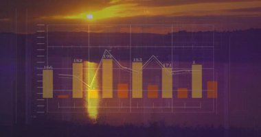 Veri görselleştirme, gün batımı sahnesine karışarak şeffaf çubuklar ve çizgi grafiğini görüntüler. Soyut, finansal, canlı, analitik, doğa, sakin, modern