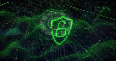 Üç boyutlu siber uzayda yüzen yeşil dijital kalkan simgesi, parlayan çizgiler, piksel bölümler gösteriyor. Siber güvenlik, dijital, fütüristik, teknoloji, koruma, yenilik, ağ