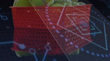 Kırmızı plastik ağ sepeti, 3 boyutlu kaplama içinde yüzen parlak sarı tenis toplarını gösteriyor. Teknoloji, spor, dijital, yenilik, fütürizm, canlı, veri görselleştirme