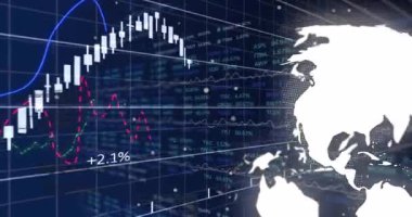 Mavi ızgara şamdanları ve renkli trend çizgilerini gösterirken beyaz şekilli küre sağa dönüyor. Soyut, finans, teknoloji, analitik, veri görselleştirme, dijital, pazar