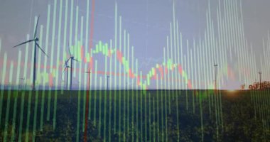 Düz dizayn alacakaranlık sahasında, şeffaf şamdan pazar barlarını gösteren rüzgar türbinleri canlandırılıyor. Sürdürülebilirlik, yenilenebilirlik, teknoloji, manzara, enerji, finans, yatırım