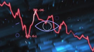 Veri ekranında kırmızı pürüzlü çizgi grafiği. Piksel etiketini mor renkli parlayan patikalarla gösteriyor. Teknoloji, analitik, yenilik, görselleştirme, dijital, geleceksel, veri