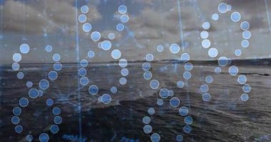 Dijital veri görselleştirmesi okyanus yüzeyinde yüzüyor, mavi daireler ve ızgara çizgileri gösteriyor. Soyut, teknoloji, fütürizm, ağ, bağlantı, akışkan, minimalist