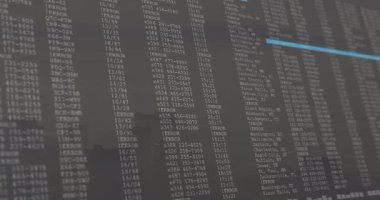 Bilgisayar monitörü düz dizaynlı, sönük şehir silueti olan dikey alfanumerik sütunlar gösteriyor. Siber güvenlik, veri görselleştirme, teknoloji, dijital arayüz, analitik, fütüristik, tek renkli