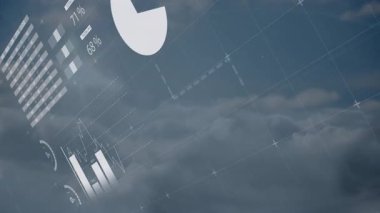 Sayısal gösterge paneli bulutlu gökyüzüne eğilmiş, içinde turta grafikleri ve ızgara işaretleri olan boş bir panel gösteriyor. Futuristik, teknoloji, veri görselleştirme, yenilik, modern, analitik, açık hava
