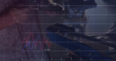 Endüstriyel teknisyen forklift kontrollerini depoda tarıyor, kırmızı ve mavi çizgi grafikleri gösteriyor. Endüstriyel, analitik, engebeli, makine, imalat, dijital, teknik