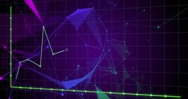 Açık yeşil çizgi grafiği koyu mor ızgara üzerinde hareket ediyor, neon üçgen ağ çokgenlerini gösteriyor. Futuristik, soyut, teknoloji, dijital, yenilik, ağ, analitik